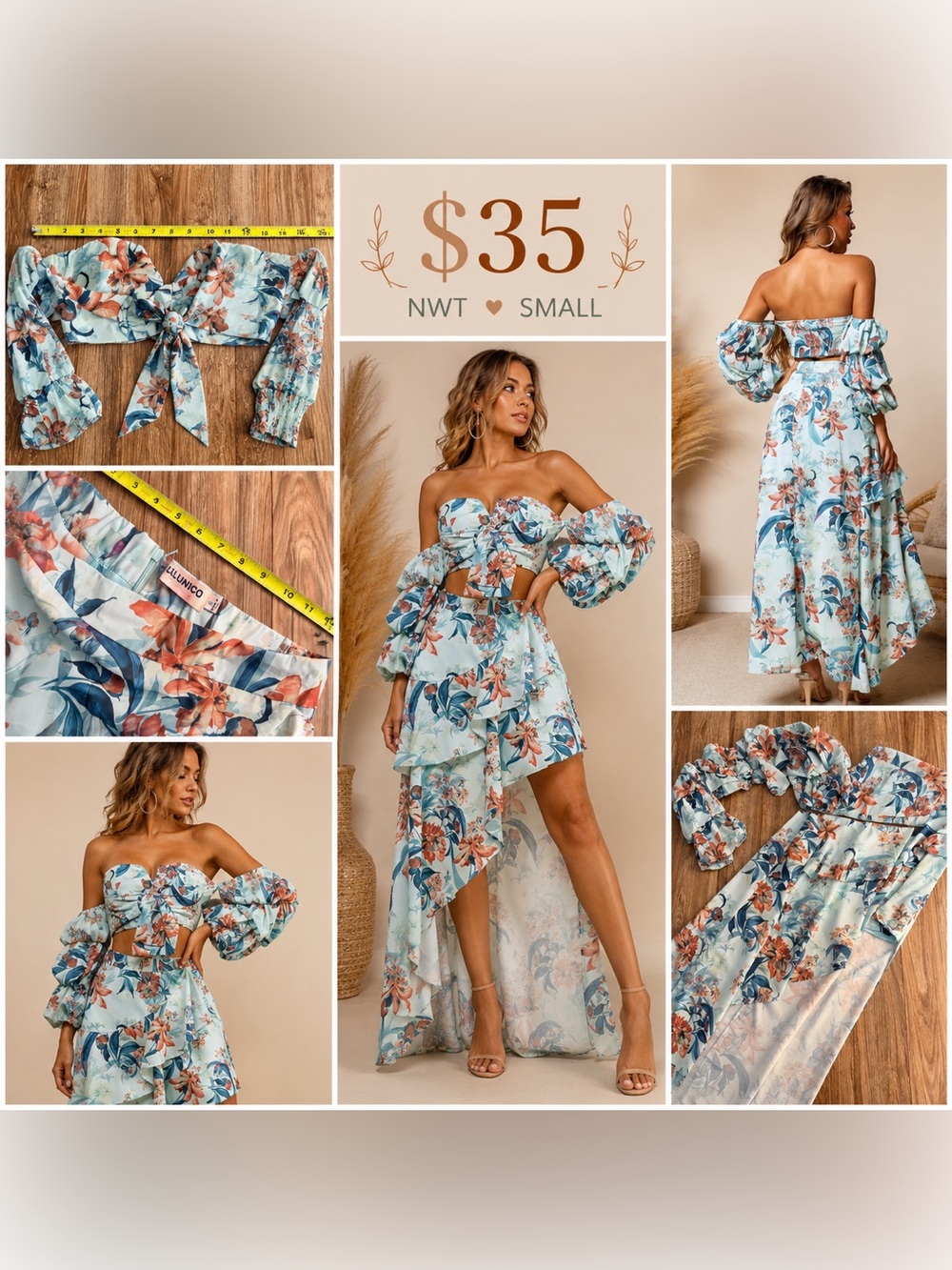 Floral Asymmetrical Off-Shoulder Dress in Light Blue